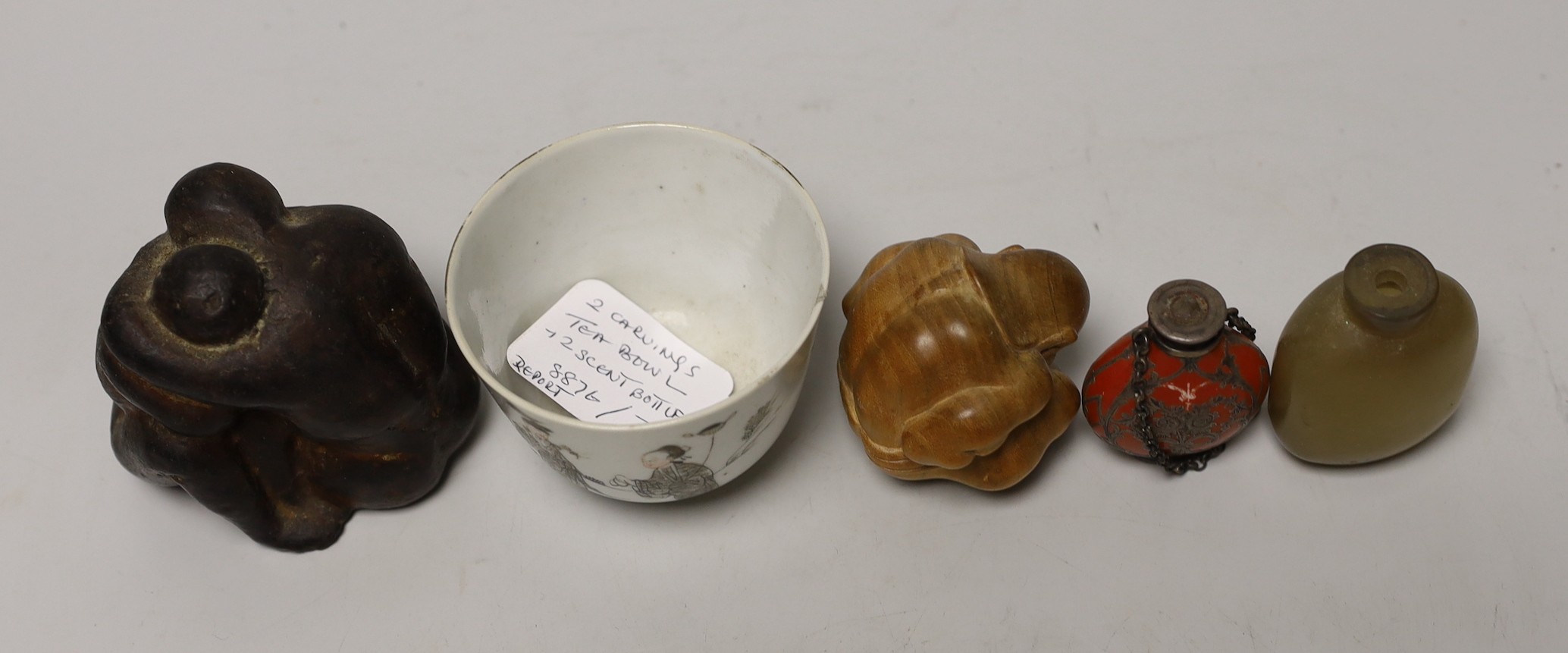 A 19th century Chinese enamelled porcelain cup, two carvings and two scent bottles